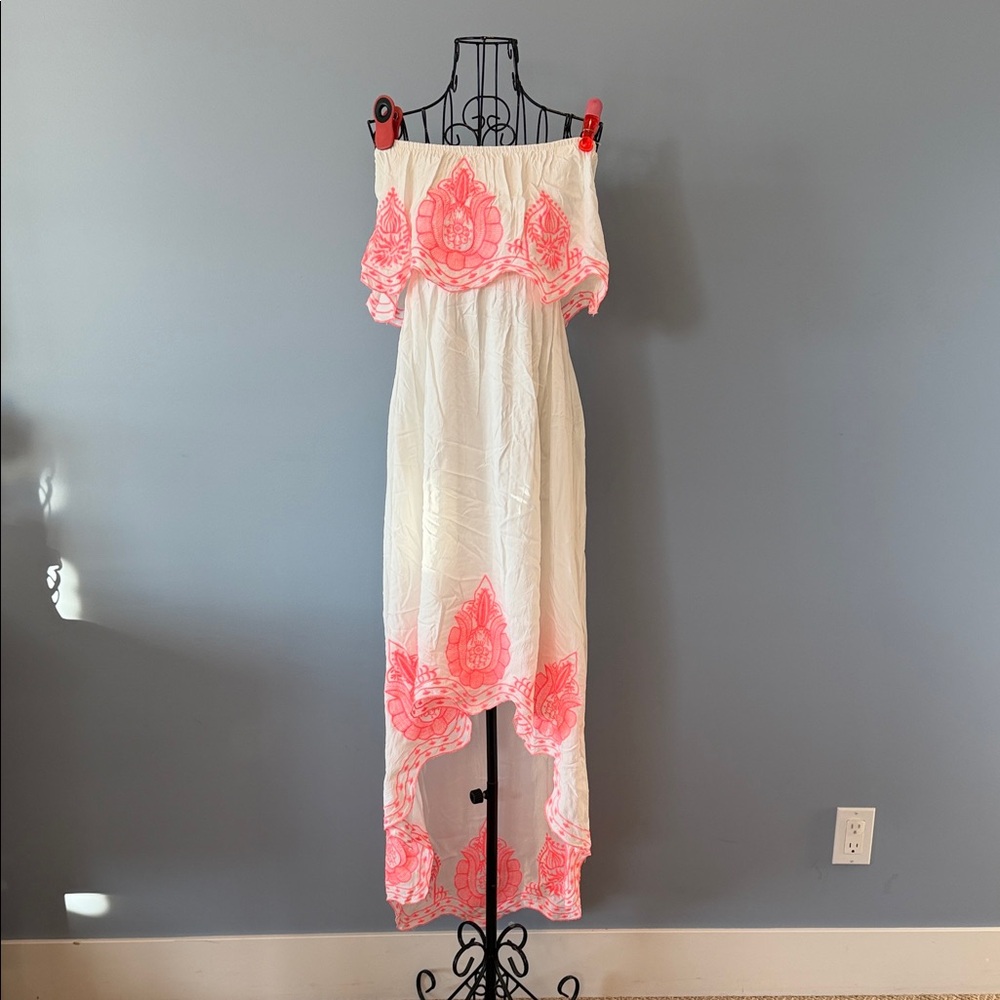 Embroidered Off-Shoulder High Low Dress in White and Pink